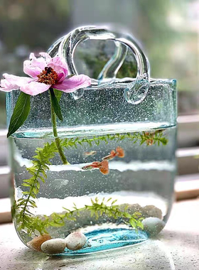 网红玻璃手提包花瓶夜光花篮创意气泡鱼缸桌面插花花器装饰品摆件