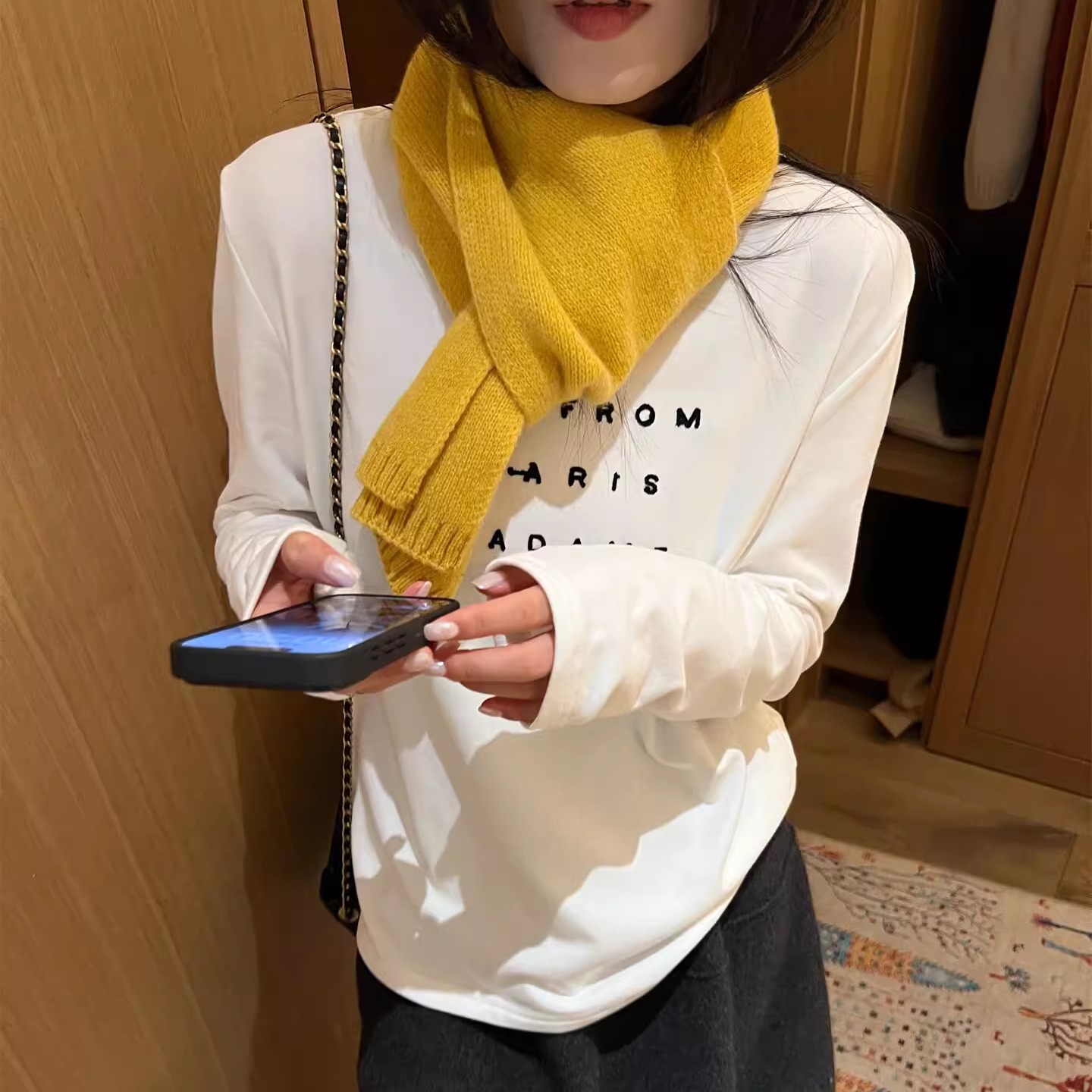 加厚简约刺绣字母白色长袖T恤