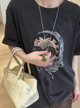 美式复古贝蒂小姐印花短袖T恤女夏季水洗做旧灰宽松显瘦套头上衣