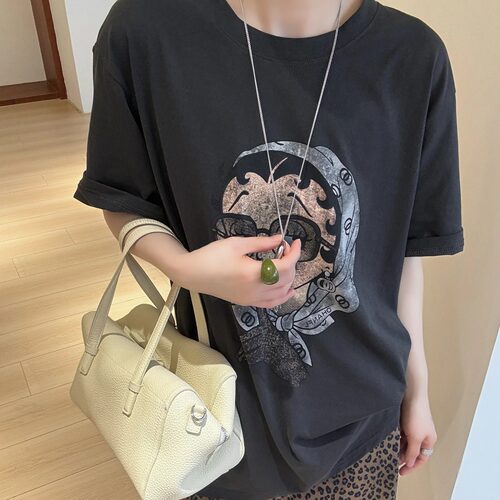 美式复古贝蒂小姐印花短袖T恤女夏季水洗做旧灰宽松显瘦套头上衣