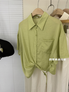 韩版休闲洋气不规则系带下摆纯色短袖衬衫夏季薄款舒适天丝衬衣女