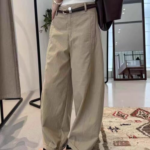 配皮带卡其色休闲宽松阔腿裤