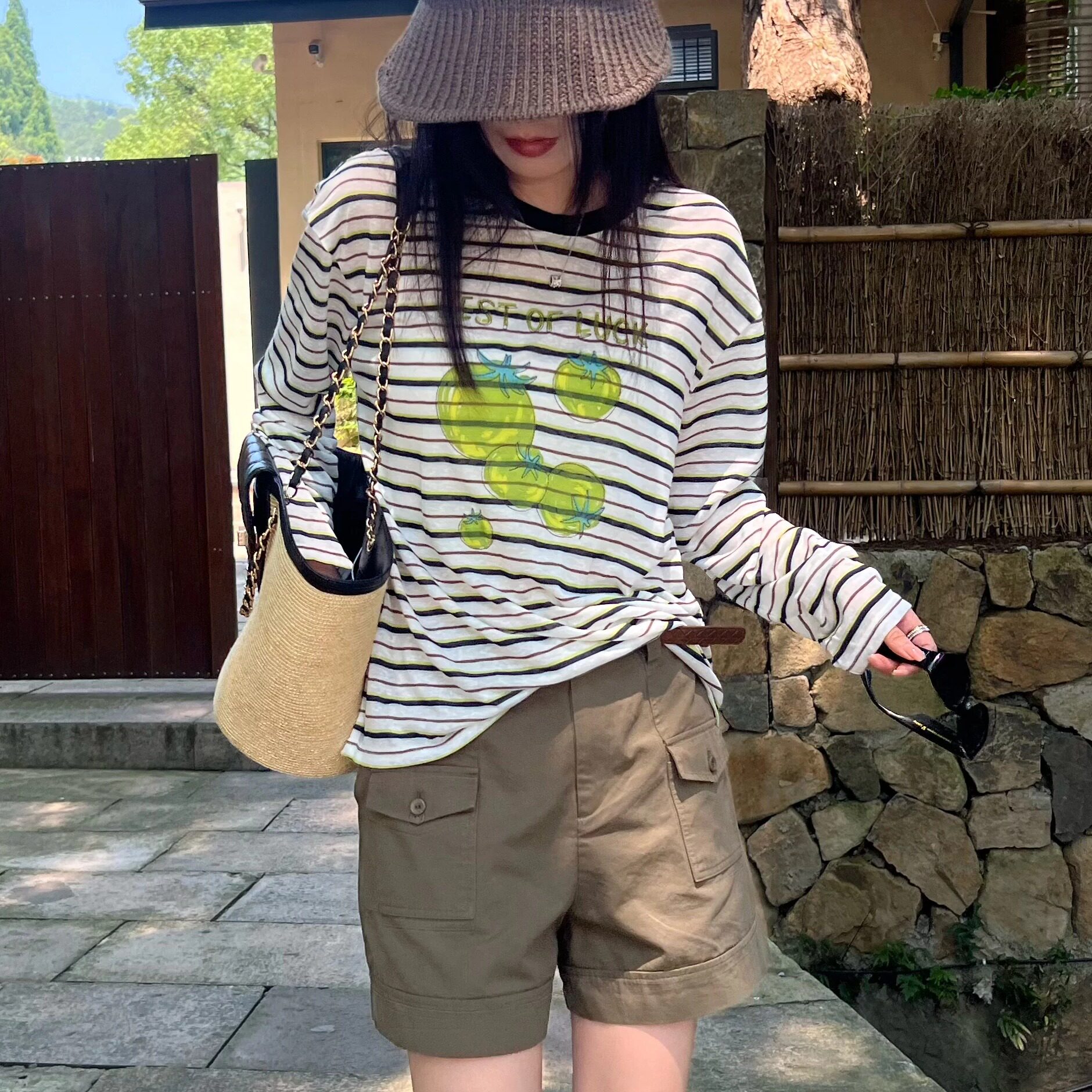 绿色小番茄 夏季新款撞色条纹薄款长袖T恤 宽松韩系休闲防晒衫女