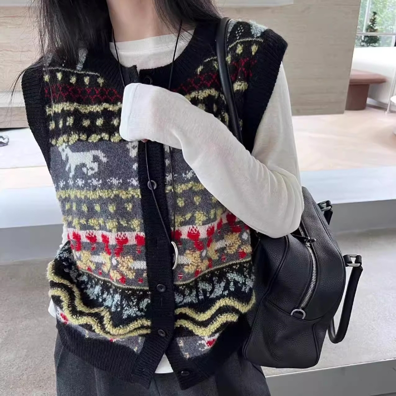 特价！不退换！名族风元素 撞色无袖针织马甲 背心毛衣开衫女上衣