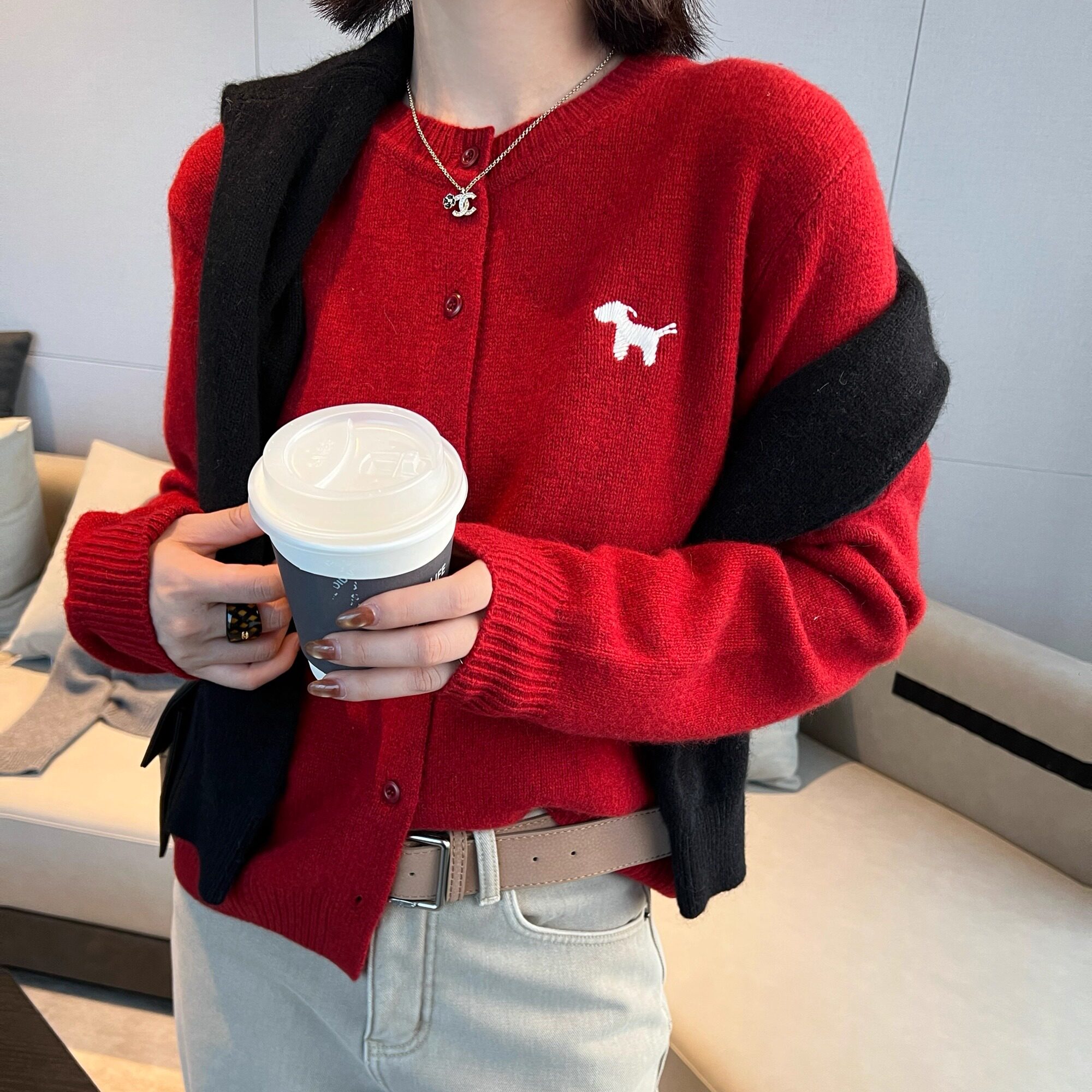 小狗刺绣羊毛针织开衫女韩版圆领纯色毛衣外套女秋冬内搭外穿上衣