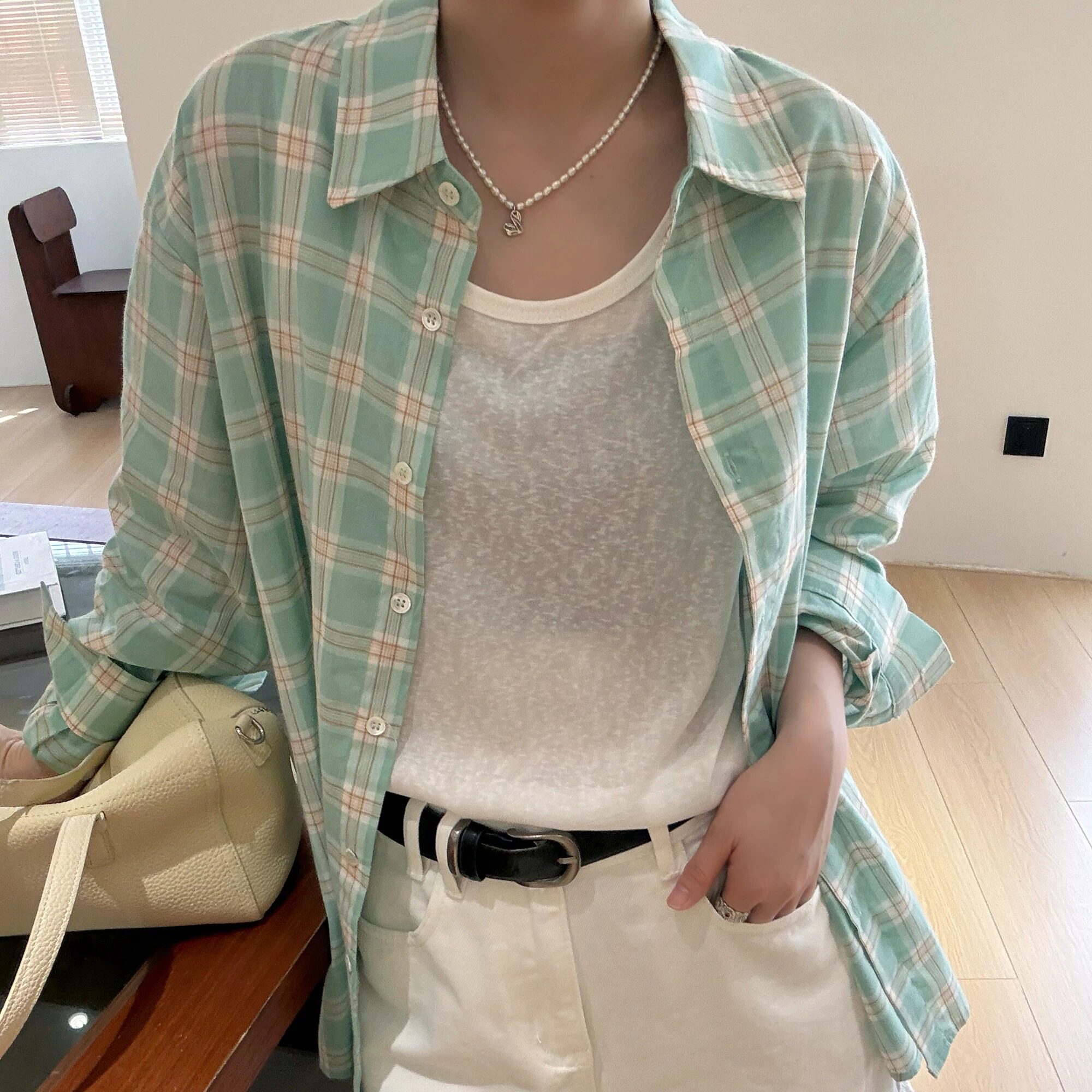 衬衣+背心 两件套 显白色系 夏季薄款宽松格子衬衫外套休闲衬衣女