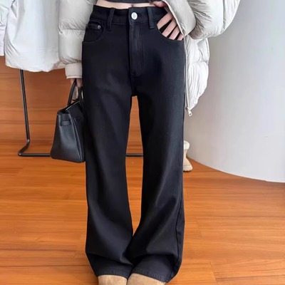 舒适加绒显瘦黑色牛仔微喇裤