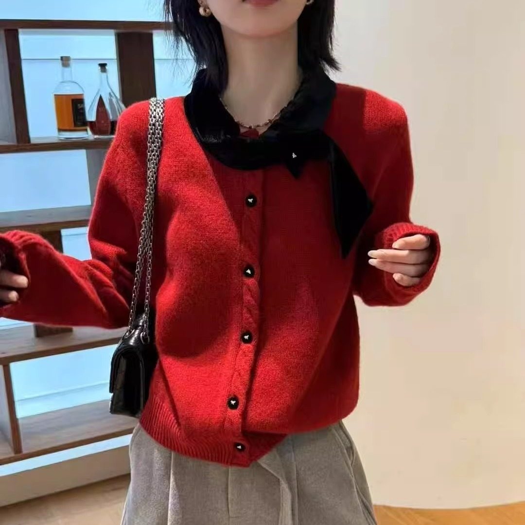 小香风丝绒领100羊毛针织开衫 氛围感红色内搭外穿毛衣外套女上衣,女装/女士精品,毛针织衫,淘宝优惠券,粉丝福利购,淘宝优惠卷