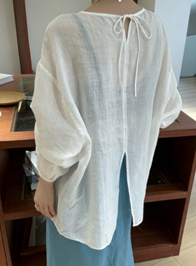 苎麻 夏季新款后背系带开叉宽松版长袖衬衣 圆领衬衫女防晒衫