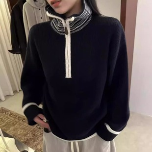 洋气撞色拉链立领套头羊毛毛衣 针织女秋冬上衣 宽松高领休闲长袖
