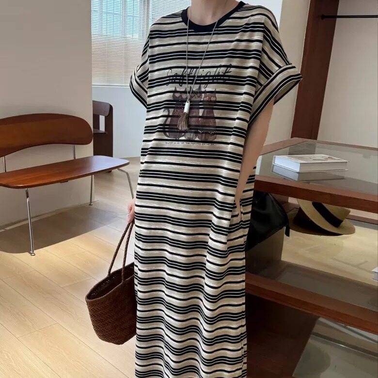 三只小猫咪 可爱减龄复古条纹短袖连衣裙宽松松弛感T恤裙女士长裙