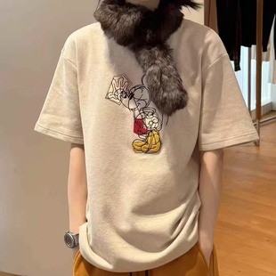 女上衣 宽松休闲韩系内搭打底衫 刺绣米奇卡通减龄加厚磨毛短袖 T恤