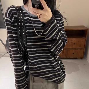 打底上衣 休闲套头宽松长袖 显瘦撞色细条纹绵羊毛针织衫 女25秋新款