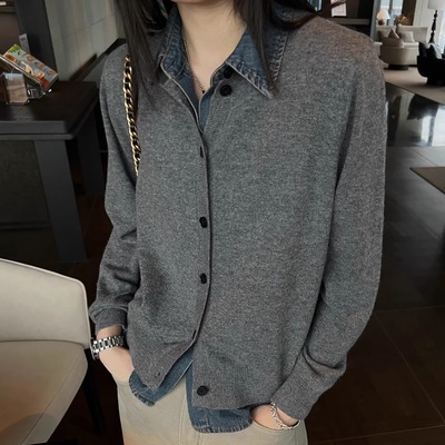 拼接牛仔假两件羊毛针织衫