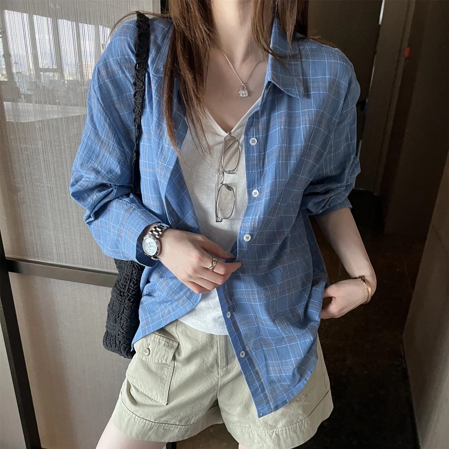 衬衣+背心 两件套 超衬肤色 夏季显白休闲韩系宽松格子衬衫防晒衫