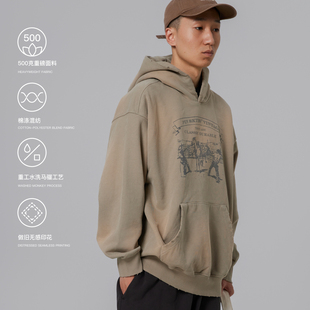 PINSKTBS 春秋日系复古休闲宽松VTG印花重磅户外连帽套头卫衣男