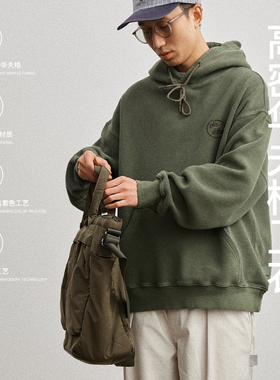 PINSKTBS 春秋日系复古休闲宽松简约重磅水洗华夫格连帽套头卫衣