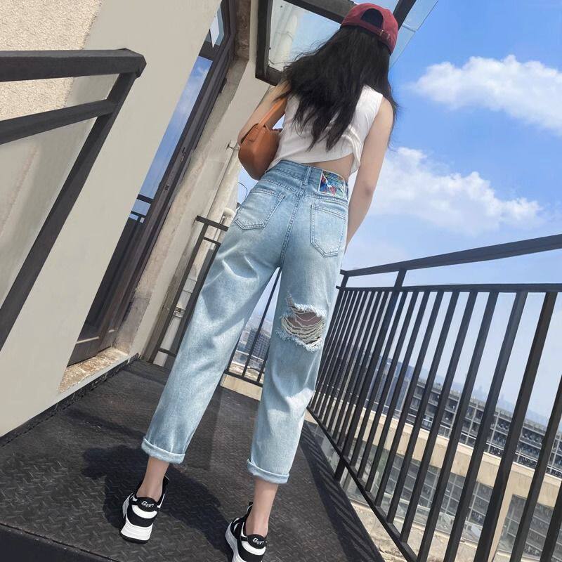 小众设计浅色薄款牛仔裤女夏前后破洞高腰宽松九分直筒哈伦老爹裤