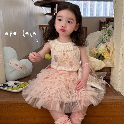 Opolala夏季新款女童韩版女宝荷叶领背心粉色公主裙甜美两件套装