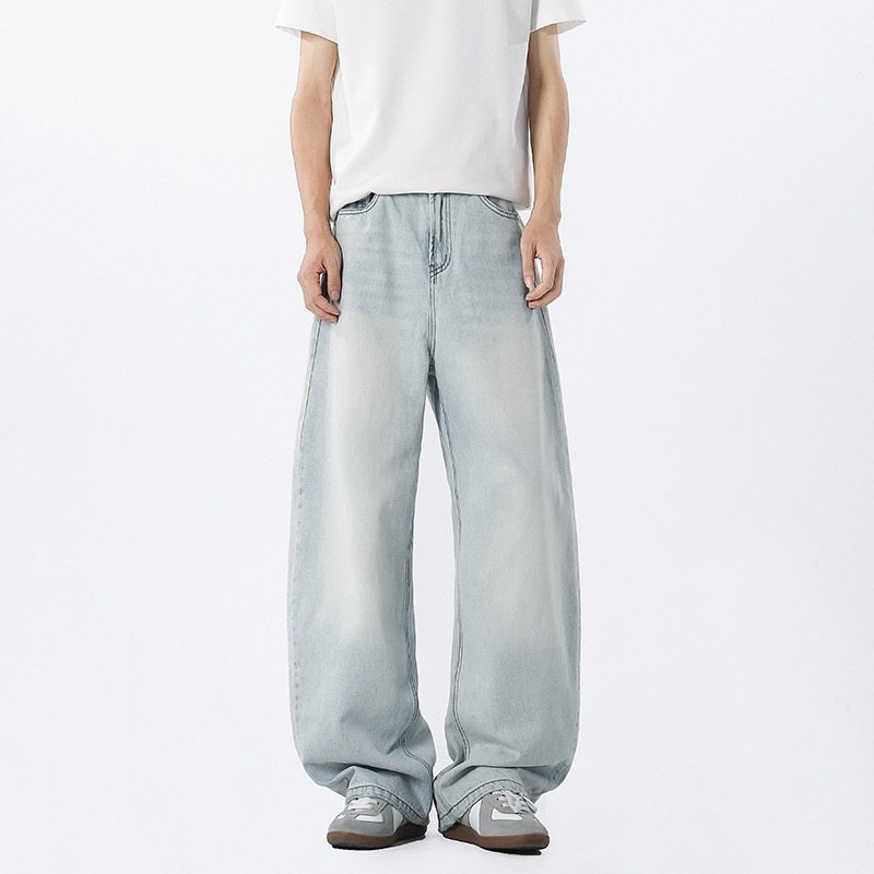 美式弯刀圆弧牛仔裤男女浅色做旧水洗松弛磨白宽松阔腿直筒长裤子,男装,牛仔裤,淘宝优惠券,粉丝福利购,淘宝优惠卷