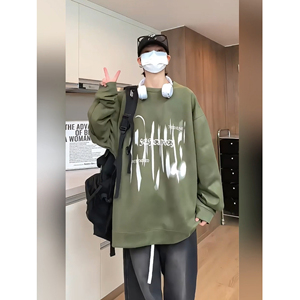 美式麂皮绒重磅圆领卫衣男秋季潮牌宽松无帽套头长袖打底情侣上衣