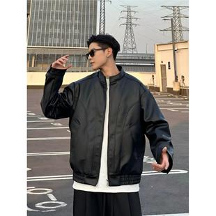 皮衣夹克高质感休闲皮质情侣外套 高街简约结构做旧短款 田野L 美式