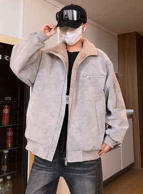 K•WEH冬季立领扎染加厚加绒夹克宽松PU皮毛一体外套潮流冬装情侣