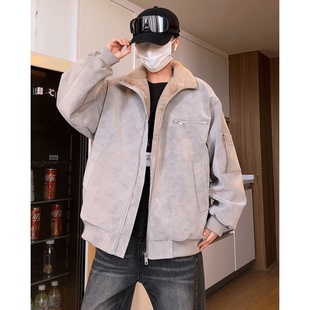 K•WEH冬季立领扎染加厚加绒夹克宽松PU皮毛一体外套潮流冬装情侣