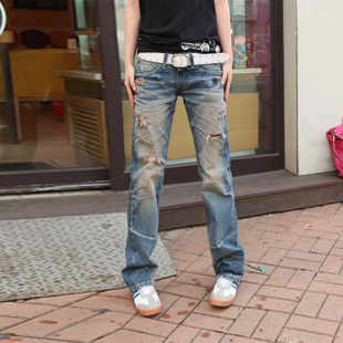 宽松显瘦无弹力直筒牛仔长裤 韩国Lolita春秋女装 复古破洞做旧大码