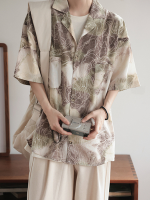 薄款冰丝油画抽象日系短袖衬衫