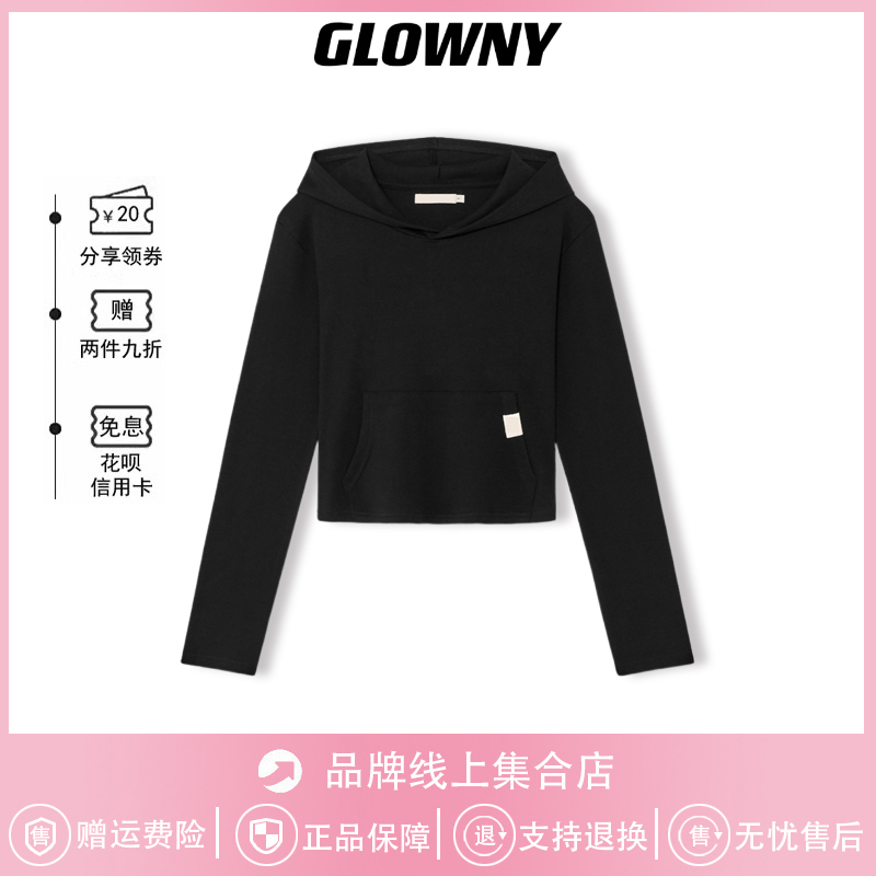 【现货】韩国glowny上衣慵懒风长袖修身短款T恤连帽卫衣打底衫