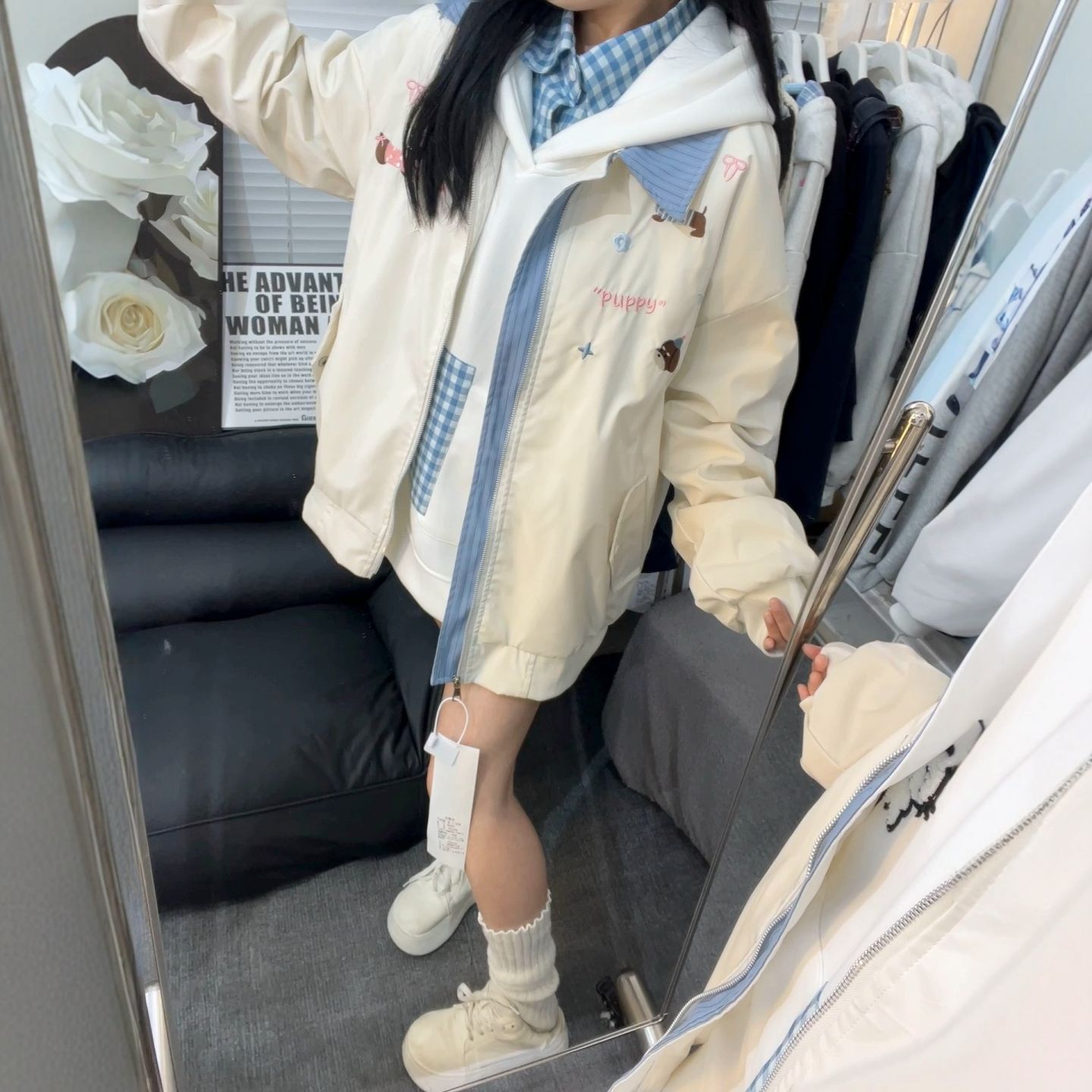 学院风美式复古小狗刺绣拼接外套