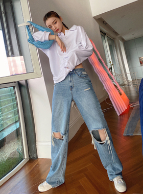 维忆Rae新款破洞牛仔裤直筒宽松高腰显瘦阔腿拖地裤老爹裤女