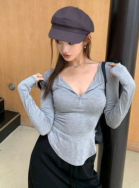维忆Rae新款设计感辣妹v领修身收腰长袖T恤上衣女打底衫内搭