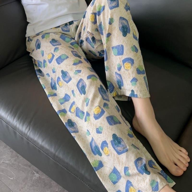 夏季大码家居裤2024夏天花裤子薄款宽松阔腿长裤棉绸睡裤女士外穿