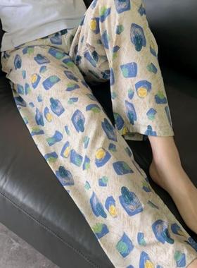夏季大码家居裤2024夏天花裤子薄款宽松阔腿长裤棉绸睡裤女士外穿