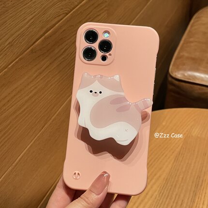夏日粉色转身猫支架适用苹果17promax手机壳iPhone16/14/15新款12创意无边框13pro半包硬壳11个性卡通13轻薄