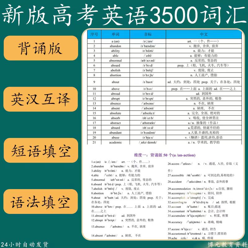 高考英语3500词汇单词正序乱序默写表pdf电子版高中英汉互译