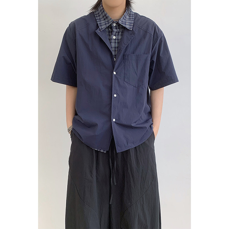 高智感假两件格子拼接衬衫短袖男女生翻领叠穿衬衣老钱风开衫夏季