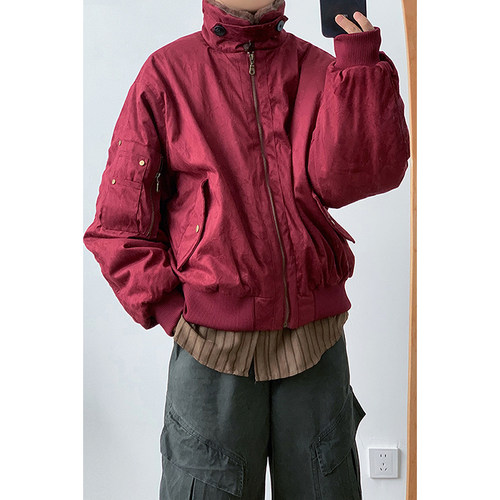 林弯弯美式安哥拉红ma1飞行员bomber夹克棉服外套加厚翻领棉衣男