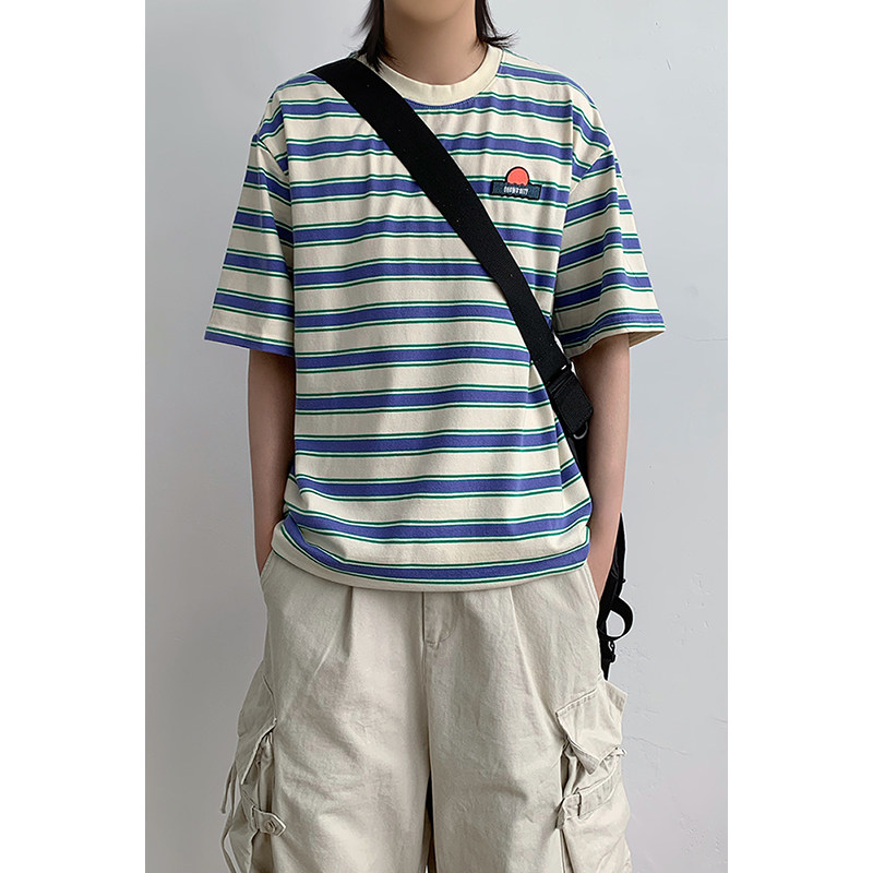 学院风情侣复古趣味刺绣条纹宽松短袖撞色T恤男女生五分袖tee夏季