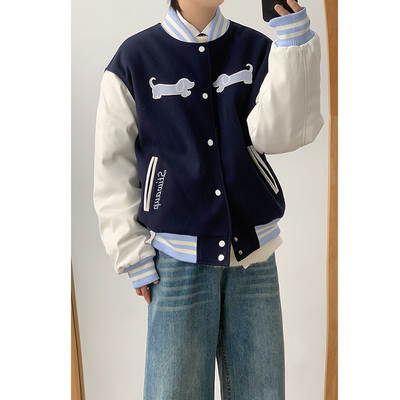 林弯弯美式复古小狗刺绣棉服拼接棒球服夹克男女宽松情侣棉衣外套