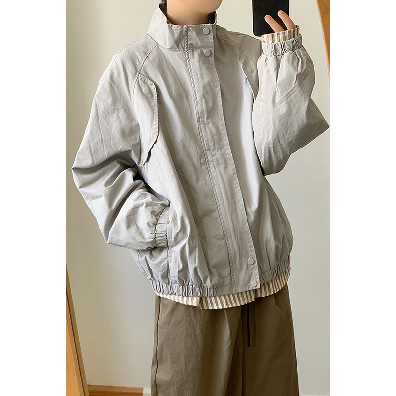 林弯弯春秋纯色立领夹克男女生日系复古宽松底特律工装情侣外套潮