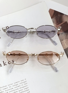 复古椭圆金属茶渐变镶钻装饰墨镜
