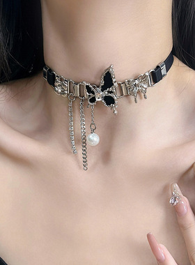 纯欲风暗黑蝴蝶锁骨项链女小众朋克少女摇滚皮质choker项圈批发