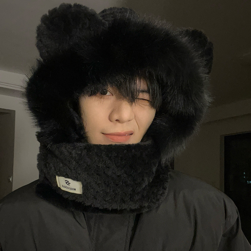 2025新款小熊男士帽子围脖围巾一体冬季韩系百搭毛绒帽保暖加厚潮,服饰配件/皮带/帽子/围巾,帽子,淘宝优惠券,粉丝福利购,淘宝优惠卷