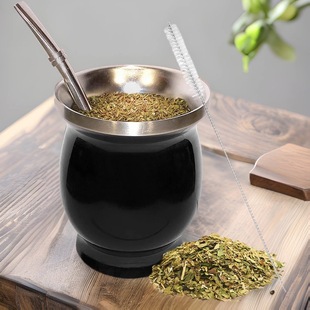 亚马逊不锈钢8oz马黛杯葫芦形马黛茶杯子水杯茶杯隔热杯配勺子刷