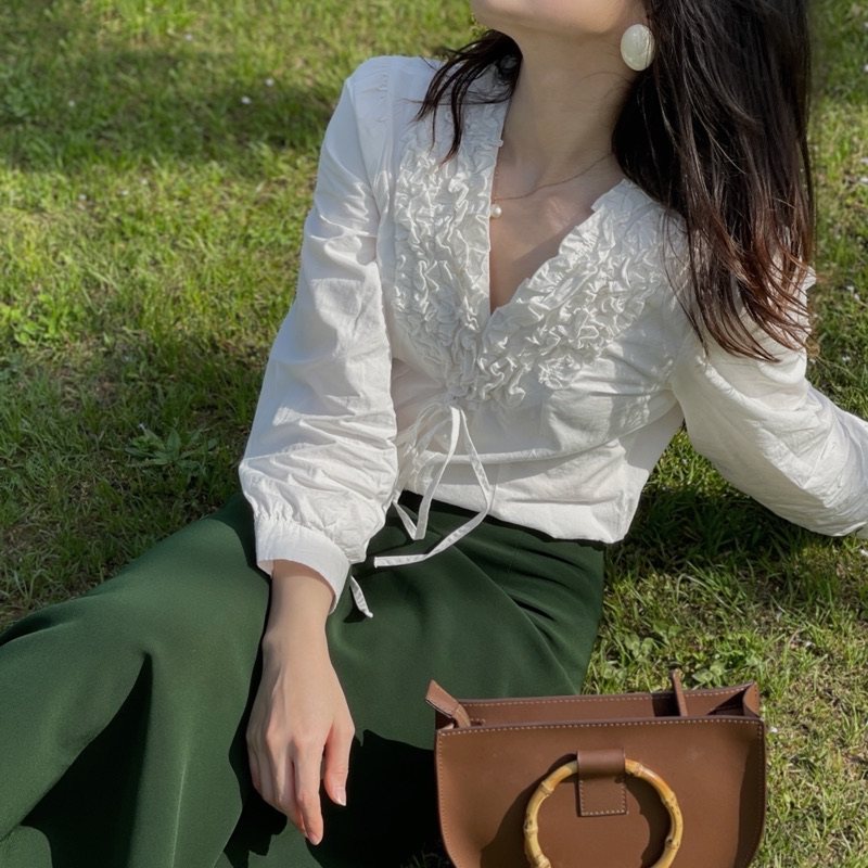 junjun花朵白衬衫 手工抽褶浪漫柔美,v领 正肩好显瘦