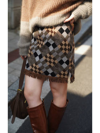 JUNJUN棋盘格短裙，重工小众羊毛提花流苏A字半身裙