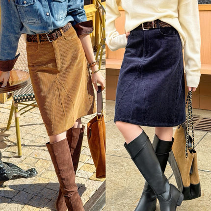 JUNJUN灯芯绒半裙，秋冬穿搭之queen！文艺复古时髦中裙半身裙